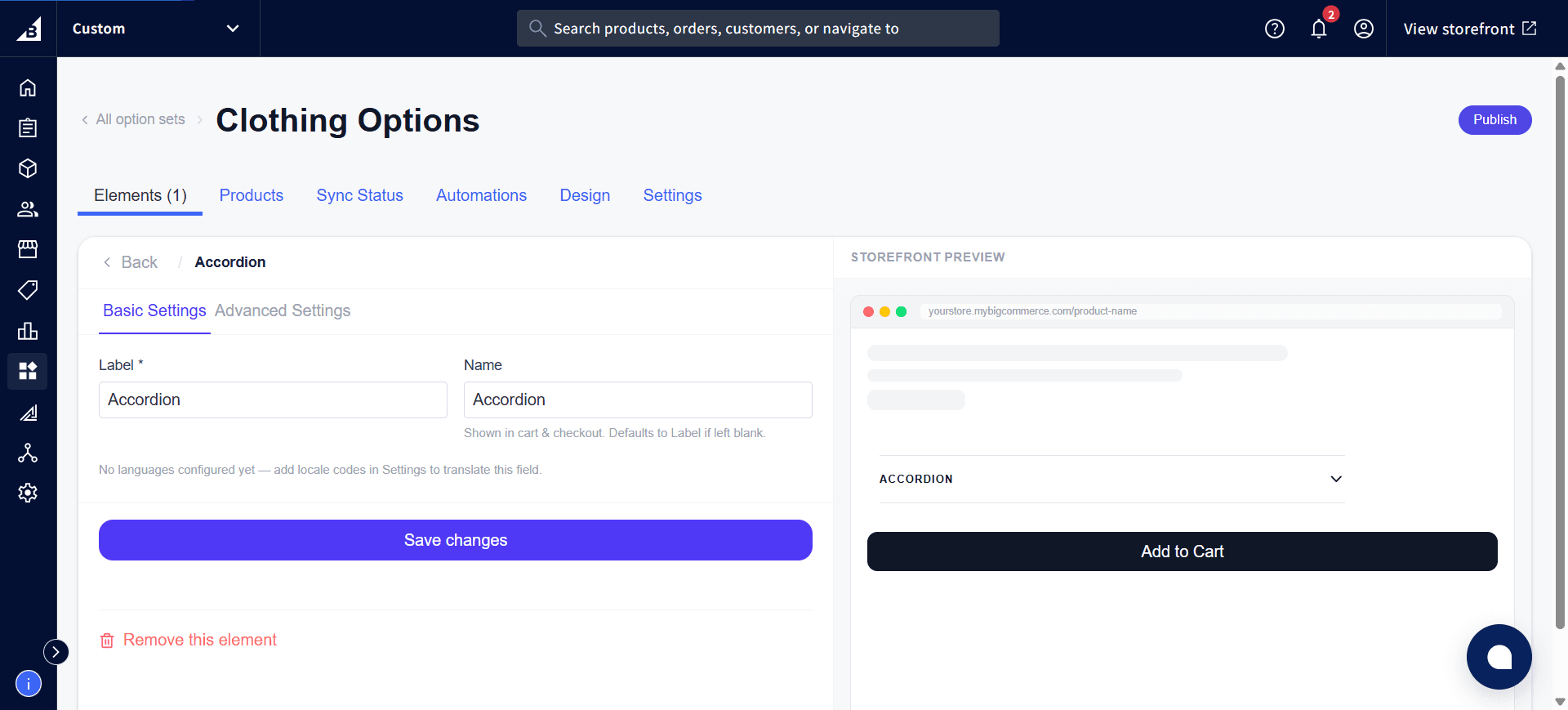 Accordion element Basic Settings tab showing the Label and Name fields