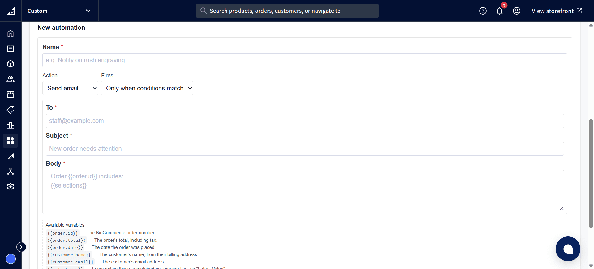 New automation form with Action set to Send email, showing To, Subject, and Body fields plus available variables
