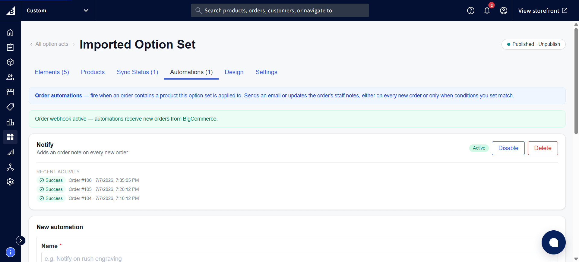 Automations tab showing the Order automations banner, Order webhook active banner, and an existing Notify automation with recent activity