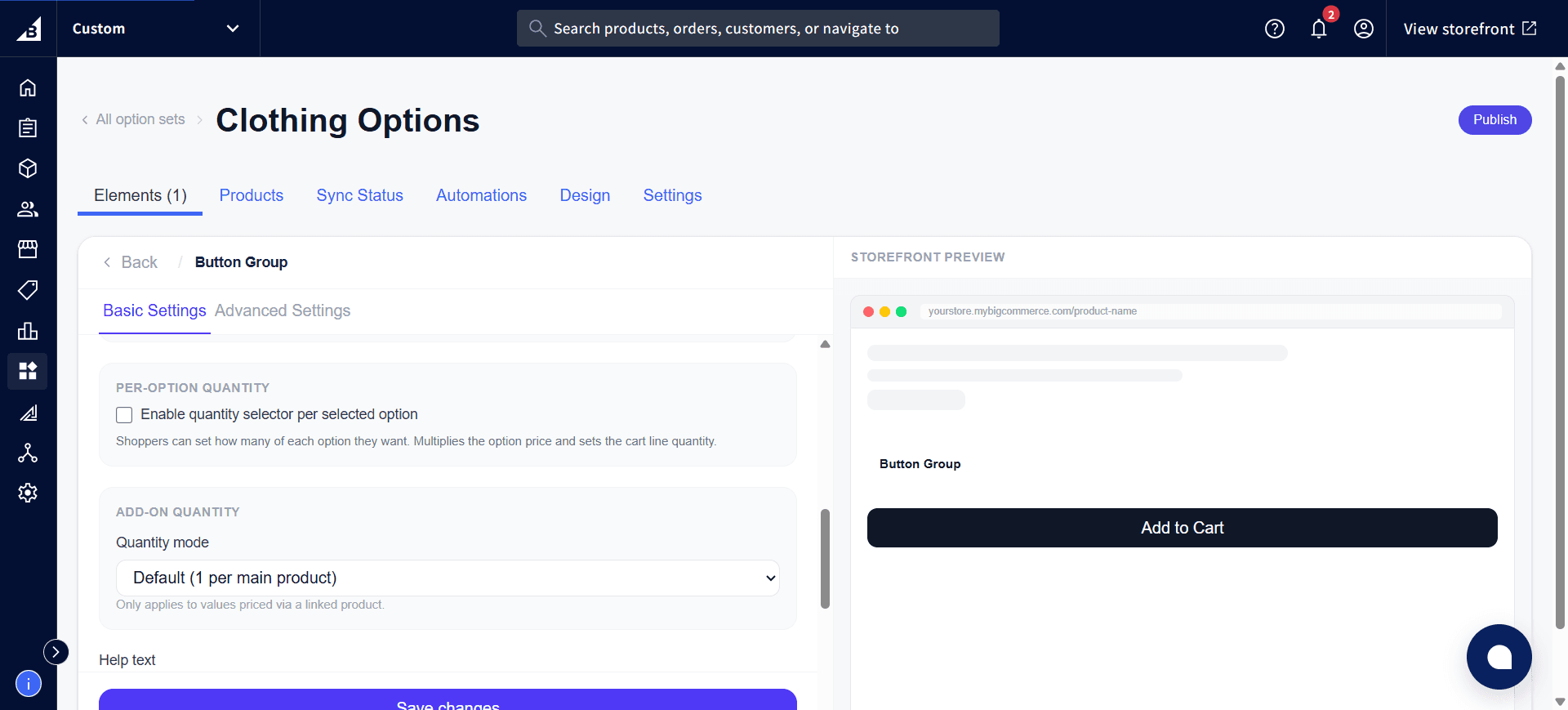 Button Group settings scrolled to show Per-Option Quantity and Add-on Quantity