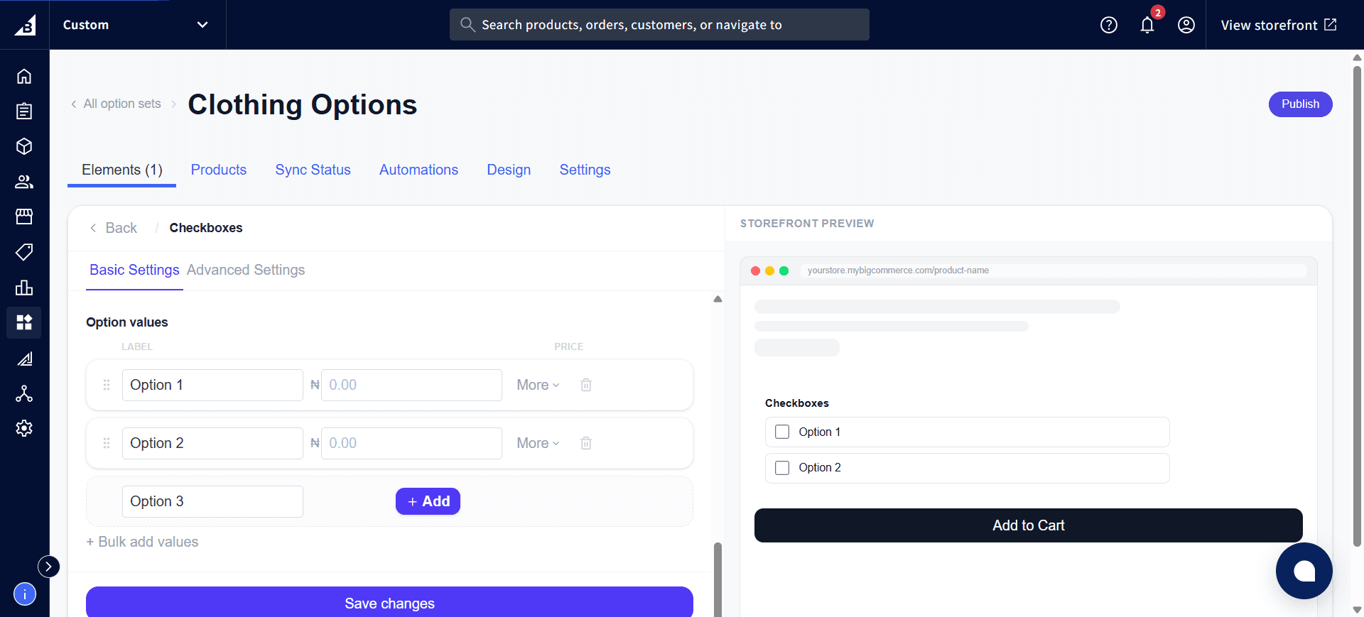 Checkboxes Option values table with two values and the live Storefront Preview showing both checkboxes