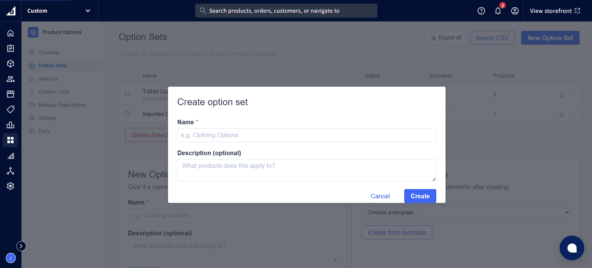 Create option set window with Name and Description fields