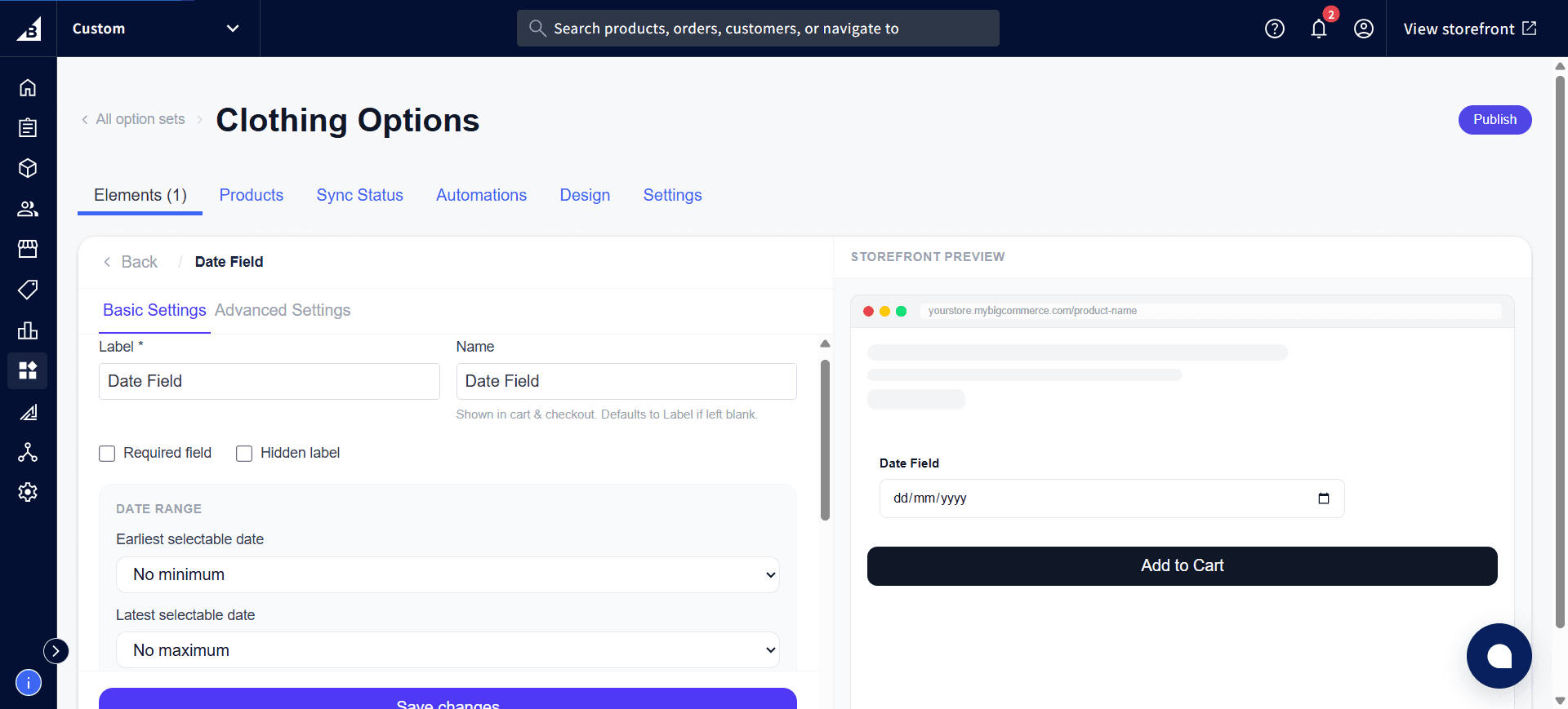 Date Field settings panel with the live Storefront Preview showing the date picker