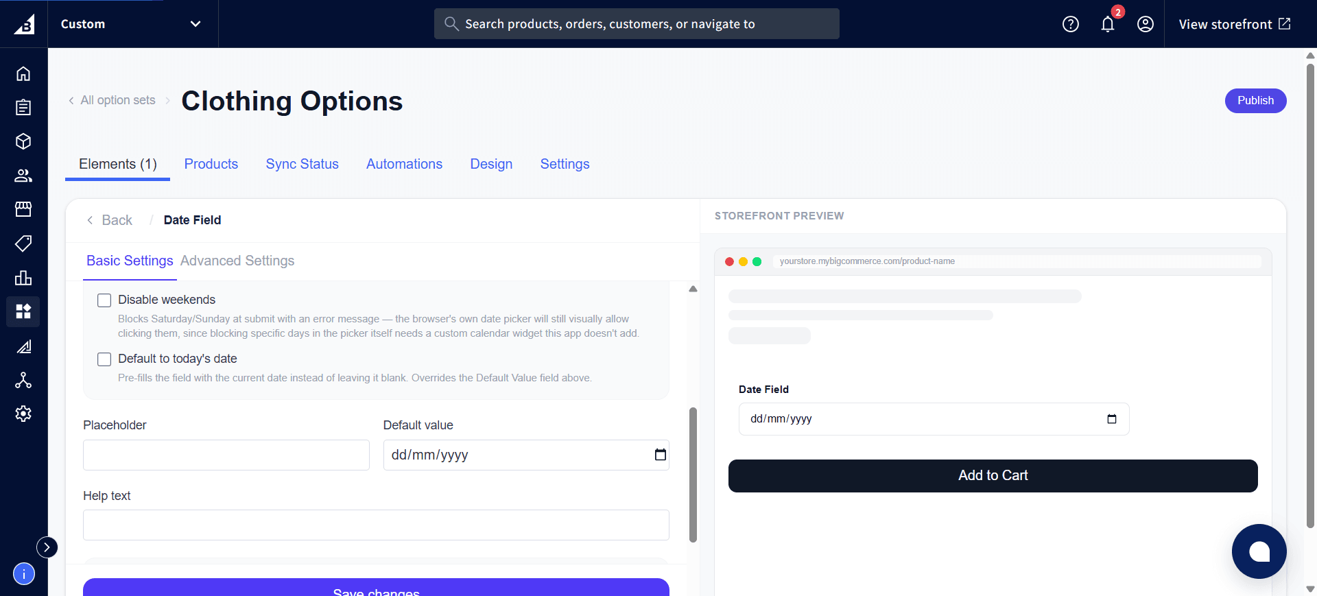 Date Field settings showing Disable weekends, Default to today's date, Placeholder, and Default value