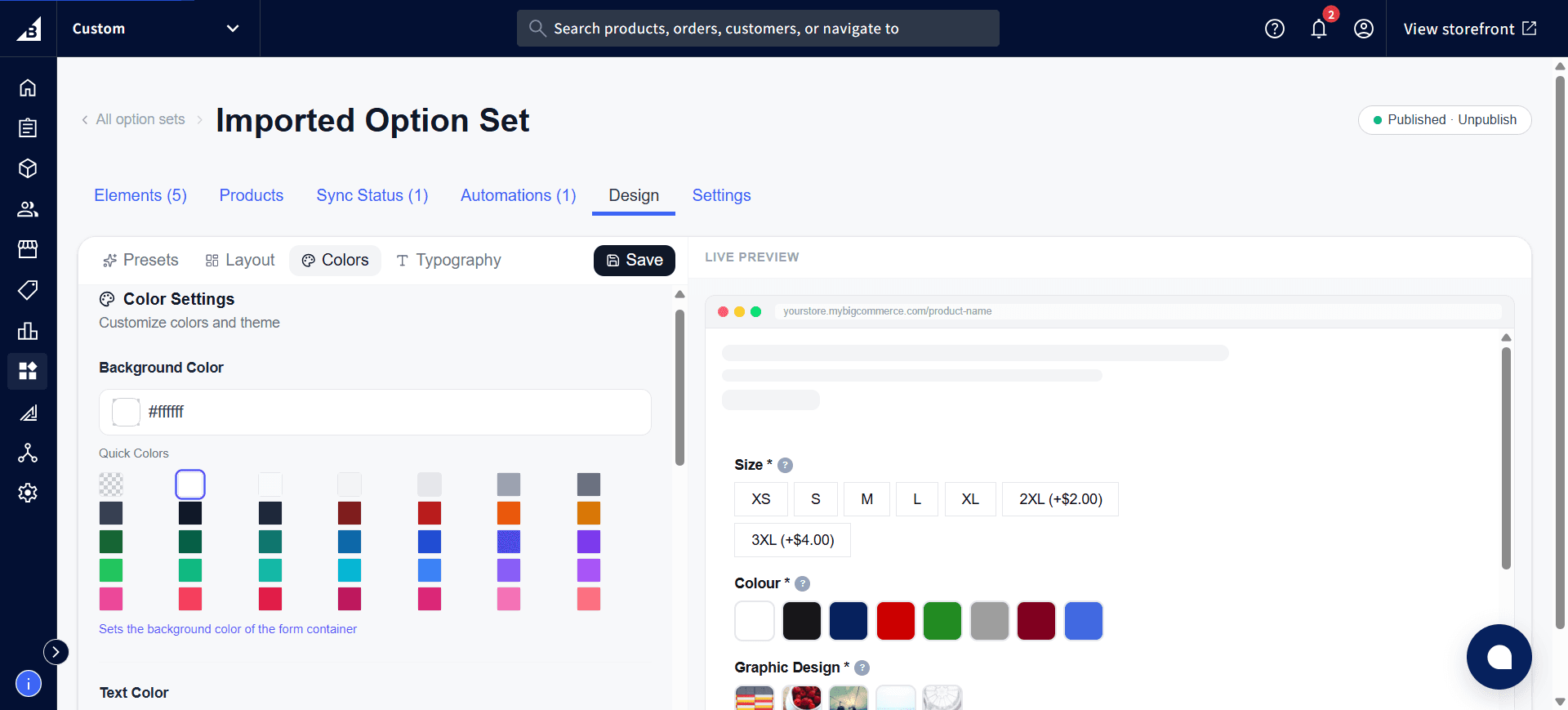 Design tab Colors sub-tab showing the Background Color picker and a grid of Quick Colors swatches