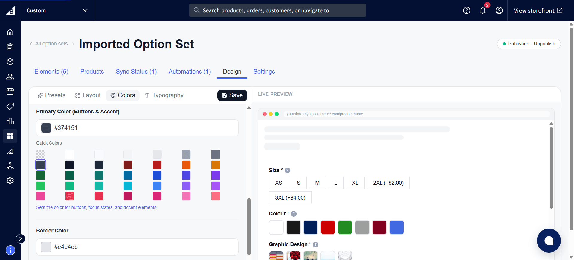 Design tab Colors sub-tab showing Primary Color and Border Color fields