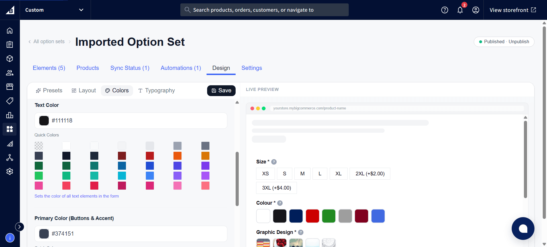 Design tab Colors sub-tab showing Text Color and the start of Primary Color settings