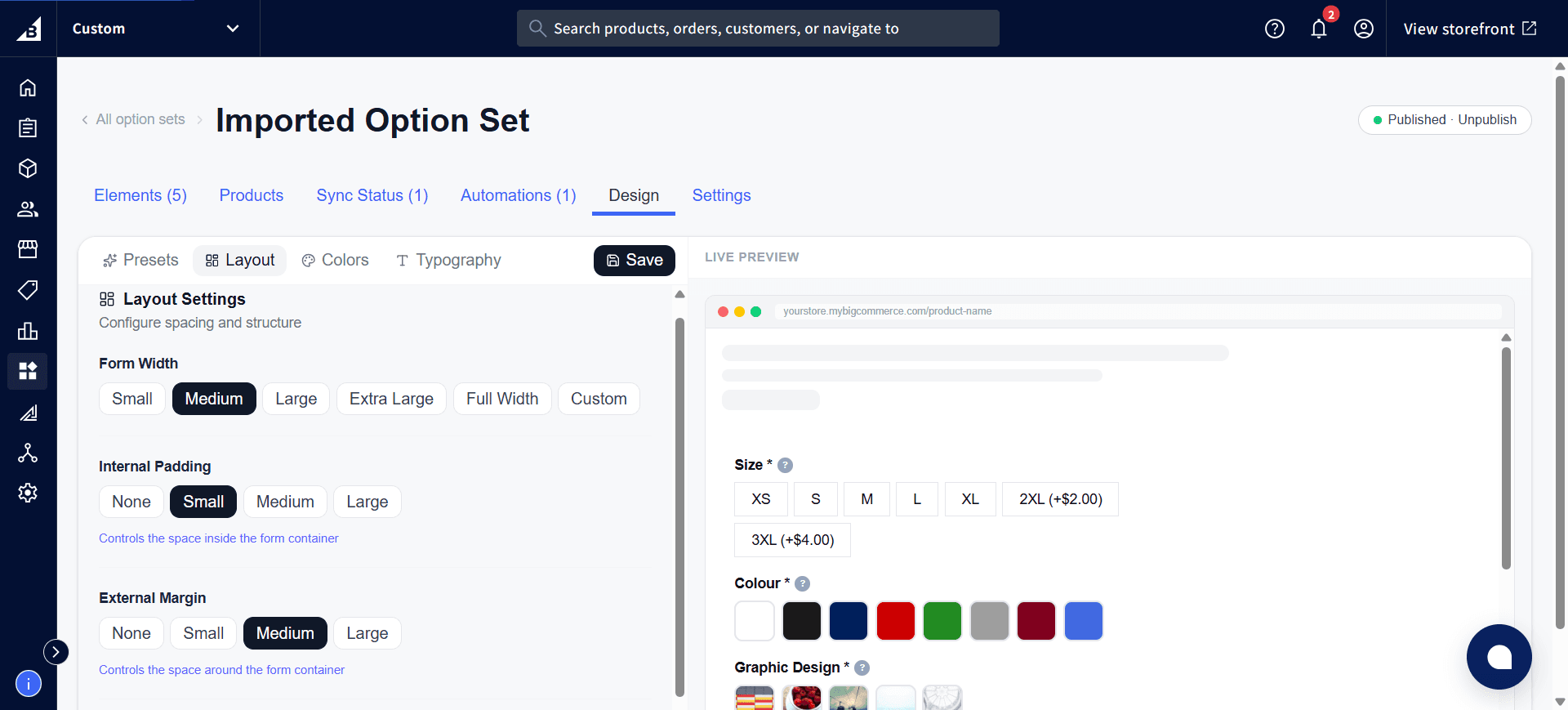 Design tab Layout sub-tab showing Form Width, Internal Padding, and External Margin options