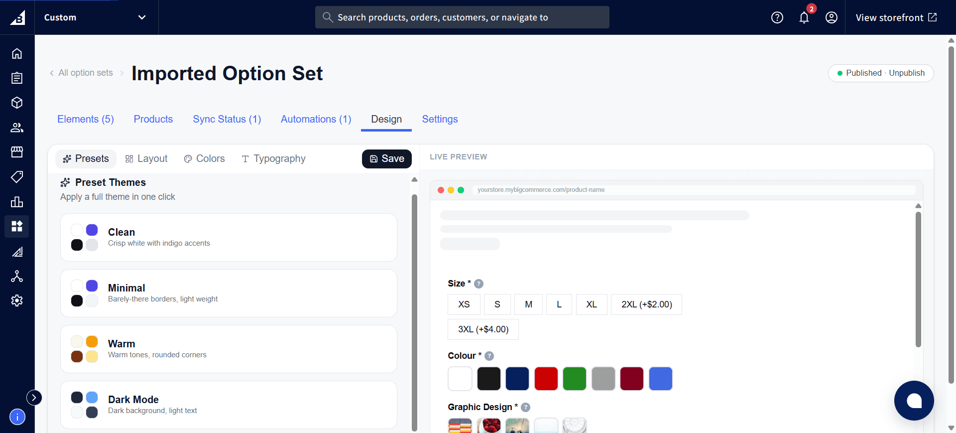 Design tab Presets sub-tab showing Preset Theme cards for Clean, Minimal, Warm, and Dark Mode