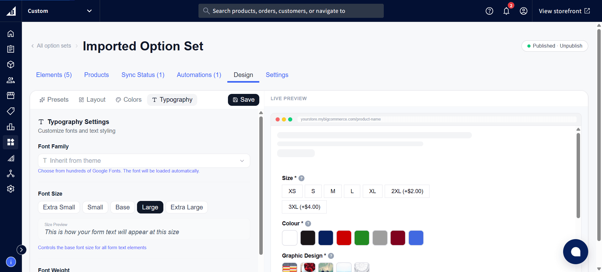 Design tab Typography sub-tab showing Font Family, Font Size options, and a size preview sample