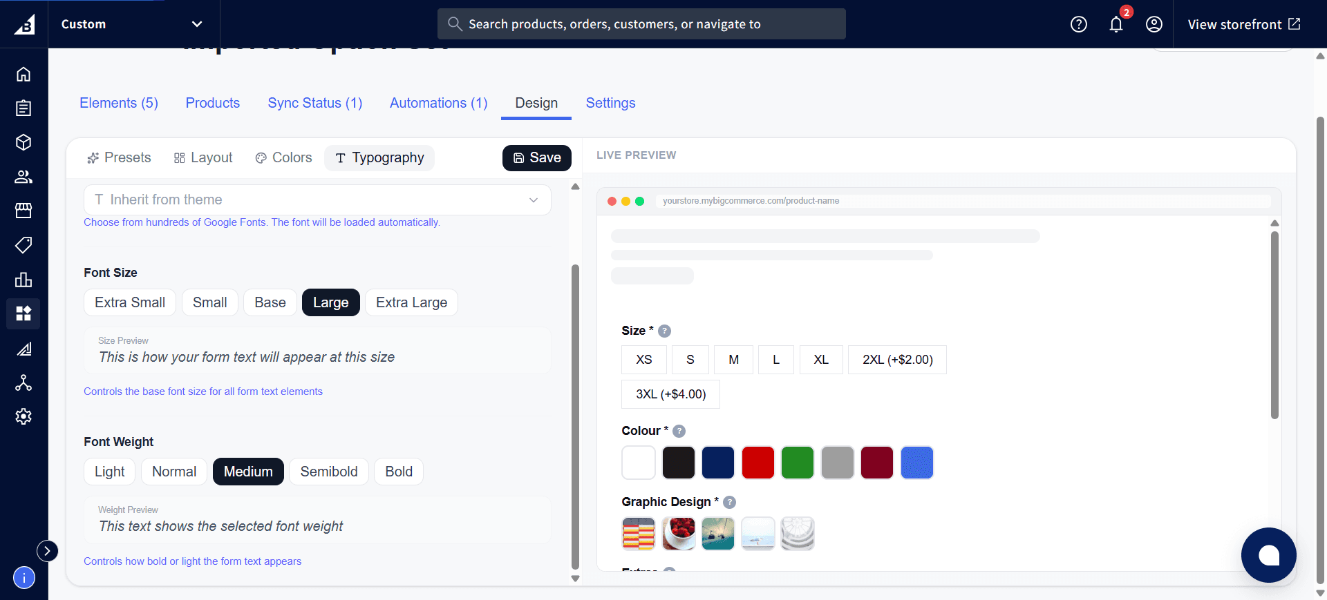 Design tab Typography sub-tab showing Font Weight options and a weight preview sample
