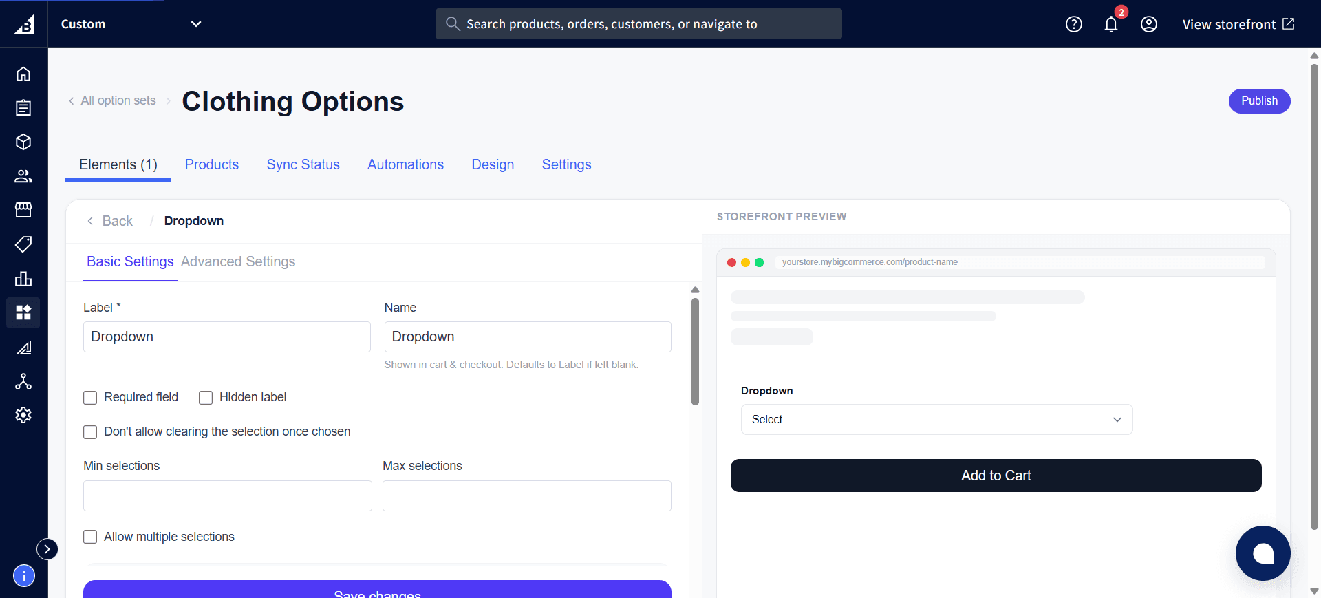 Dropdown settings showing Required field, Don't allow clearing the selection, Min selections, Max selections, and Allow multiple selections