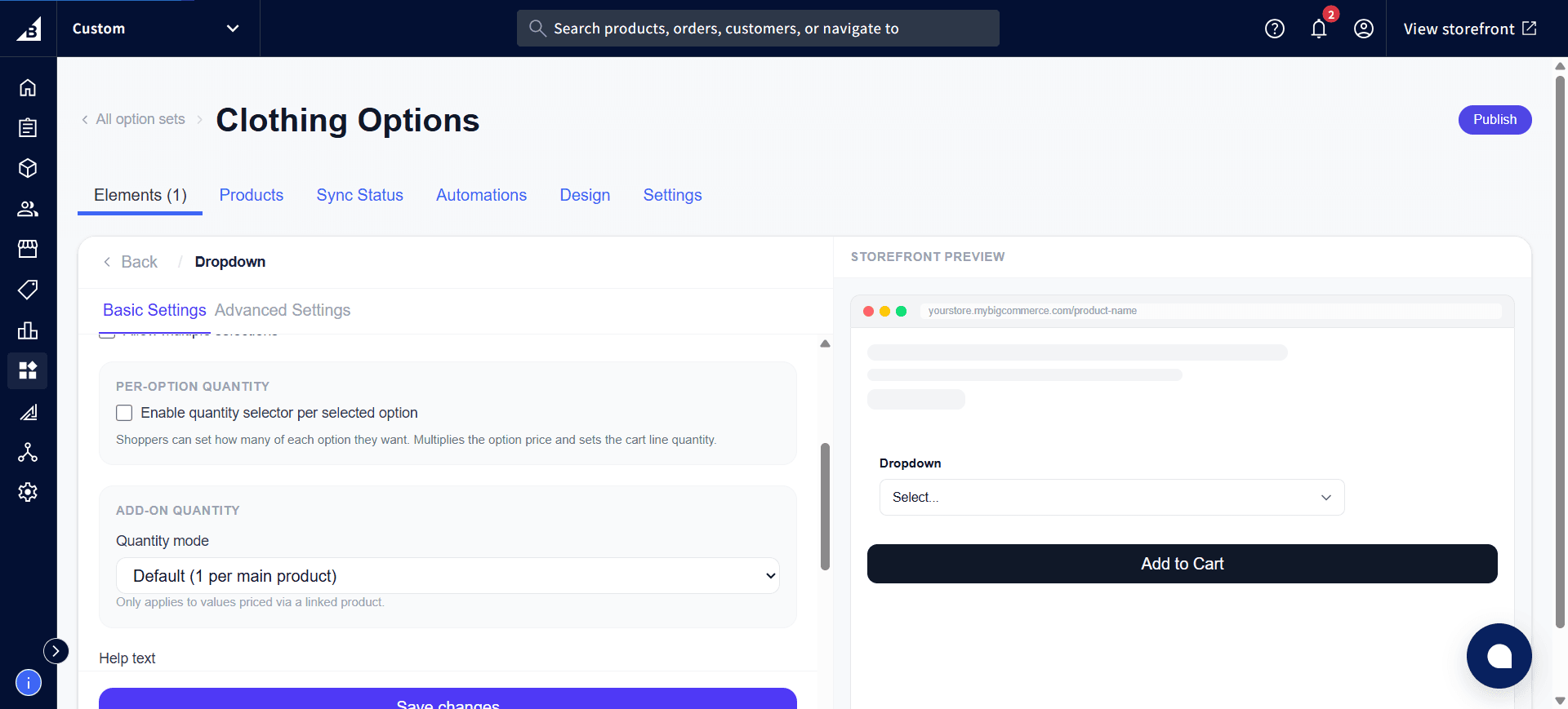 Dropdown settings scrolled to show Per-Option Quantity and Add-on Quantity sections