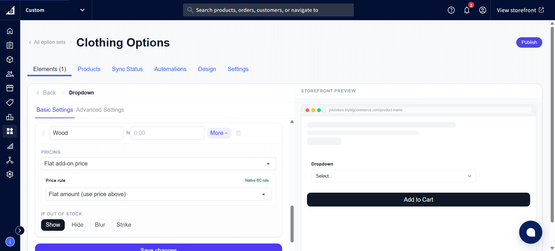 Dropdown value pricing expanded showing Flat add-on price and Flat amount price rule