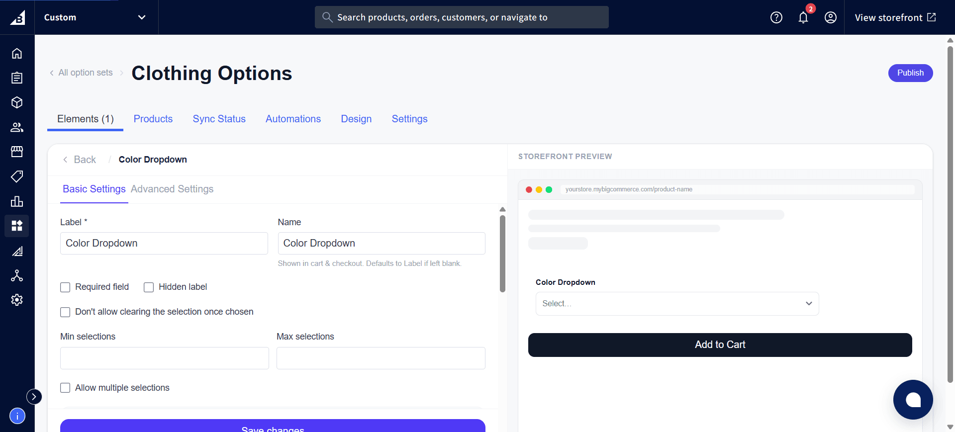 Font Picker settings showing Label, Name, Required field, Hidden label, and Don't allow clearing the selection