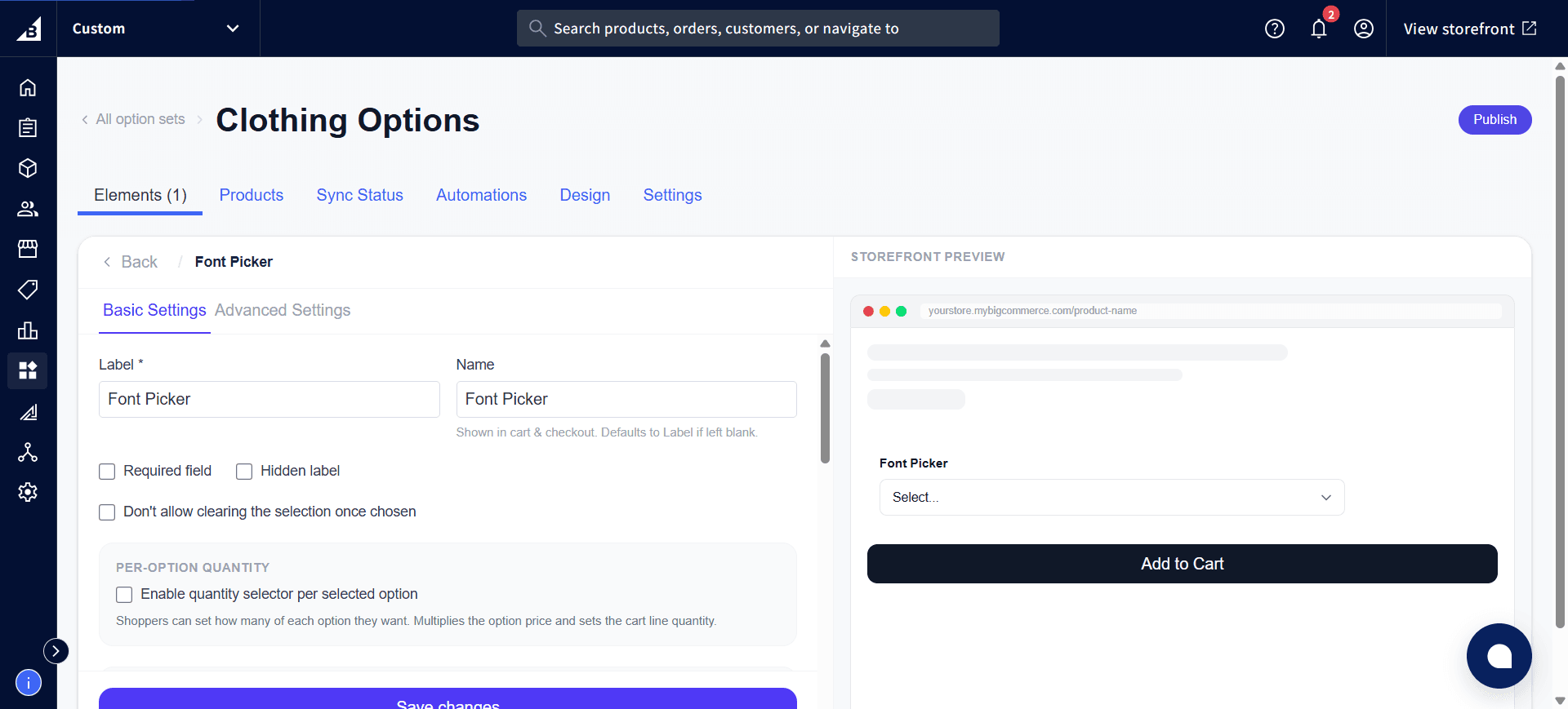 Font Picker settings showing Show fonts from set to Google Fonts only, and a grid of selectable font names by category