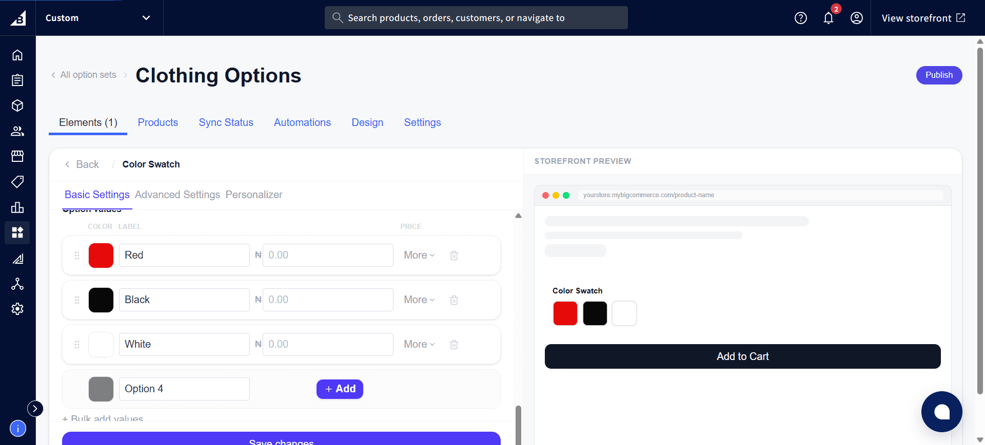 Image Swatch Option values table with Minimal, Vintage, Abstract, and Nature image thumbnails, next to the live Storefront Preview of a real published option set