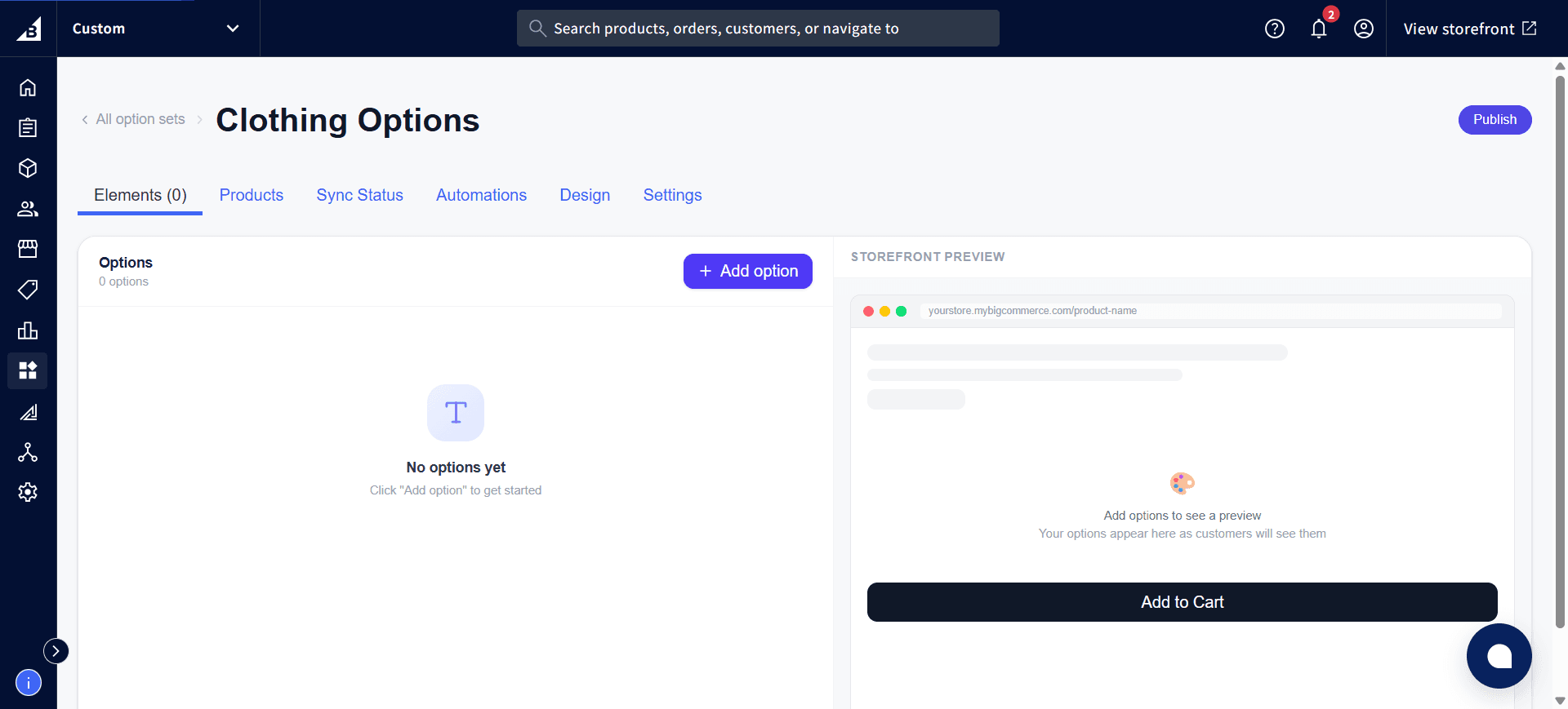 Empty Option Set editor with a No options yet message and an Add option button