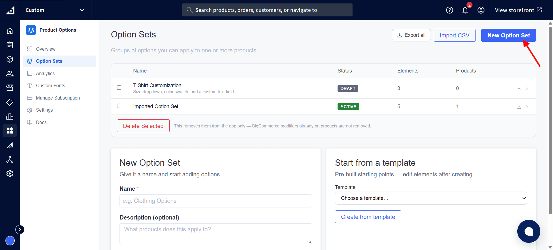 Option Sets list with an arrow pointing to the New Option Set button