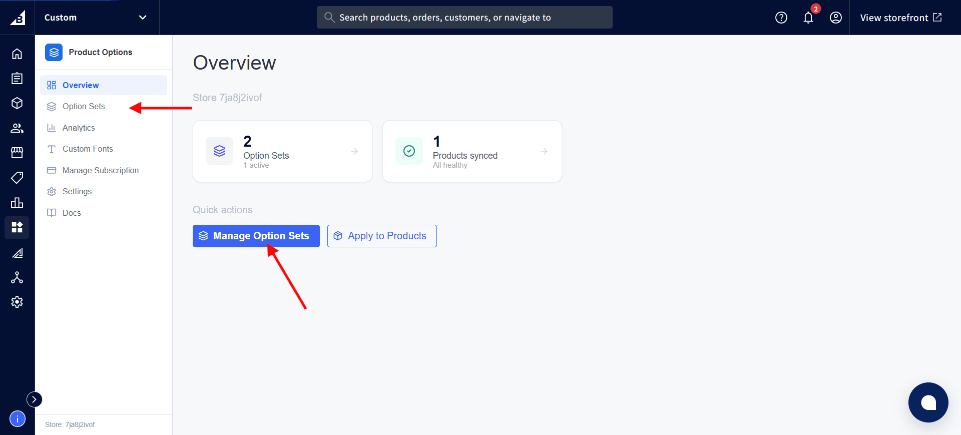 Sidebar with an arrow pointing to the Option Sets link