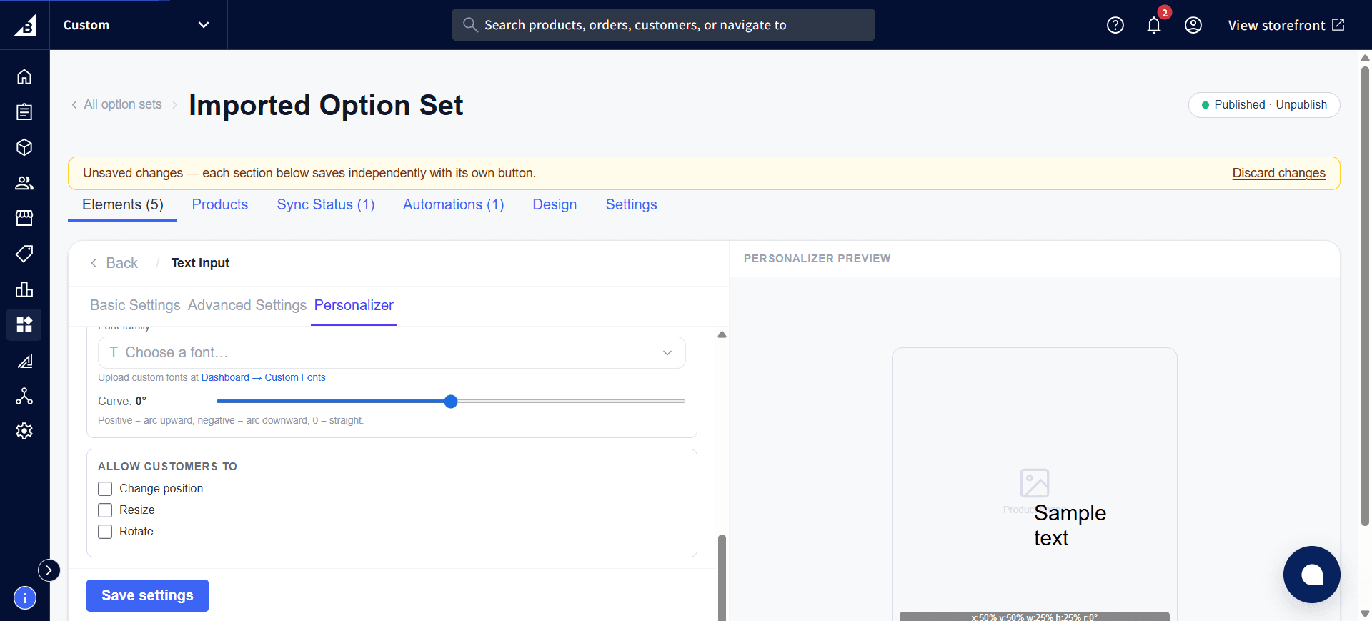 Personalizer settings showing Font family, Curve, and the Allow customers to checkboxes for Change position, Resize, and Rotate