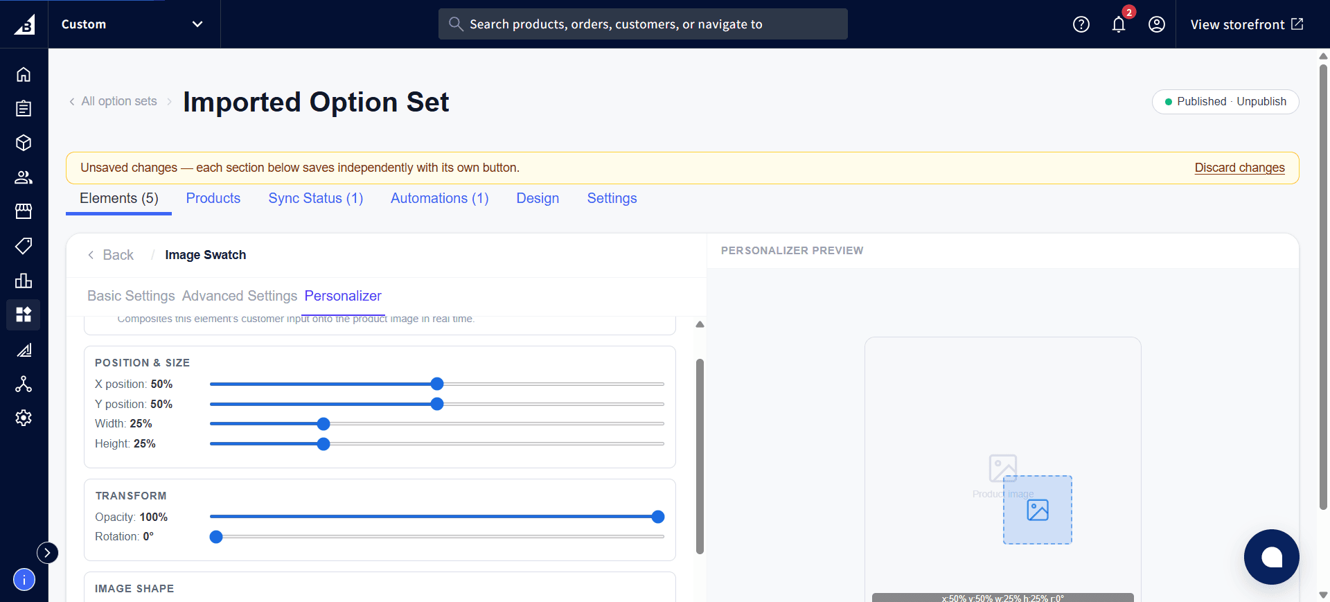 Image Swatch Personalizer settings showing Position & Size and Transform, with a Product Image placeholder in the preview