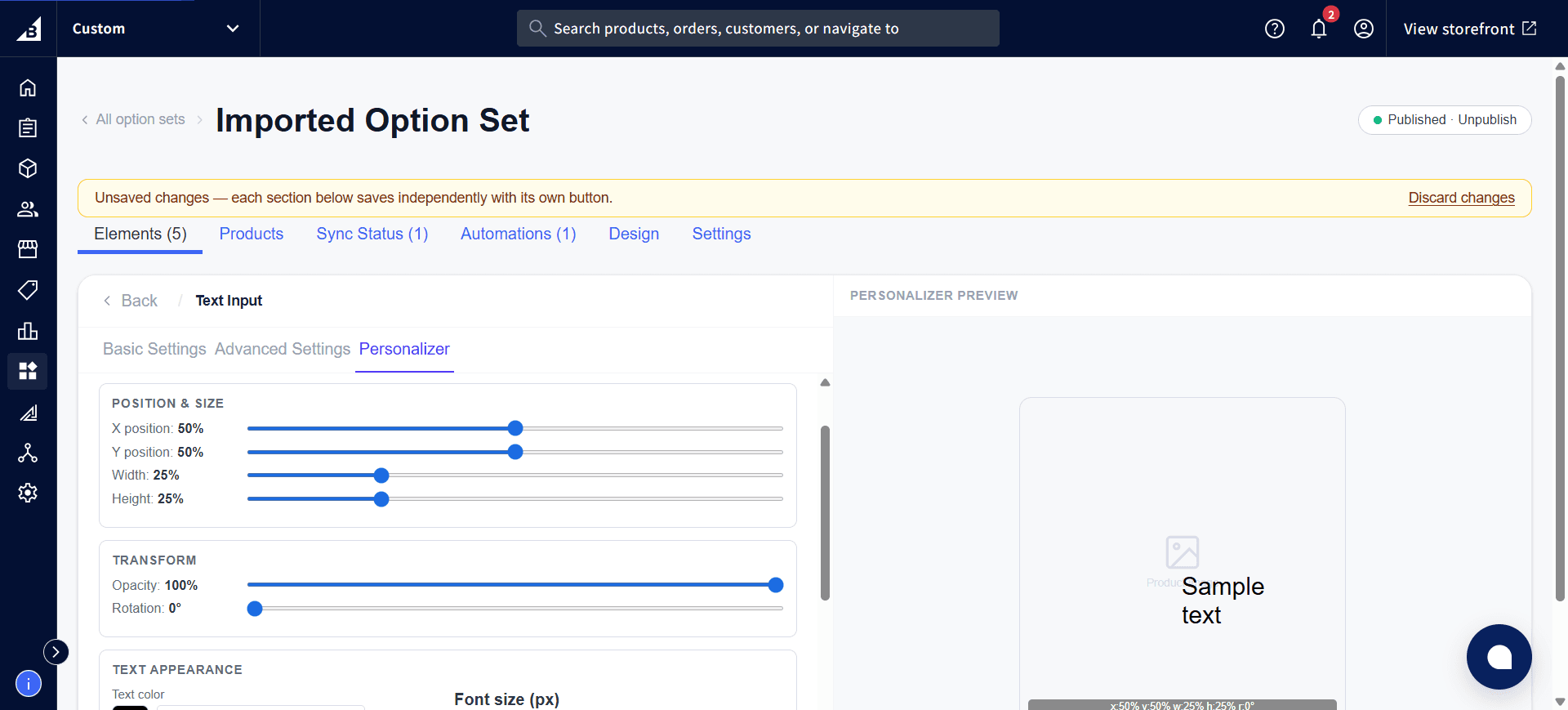 Personalizer settings showing Position & Size sliders for X position, Y position, Width, and Height, plus Transform Opacity and Rotation