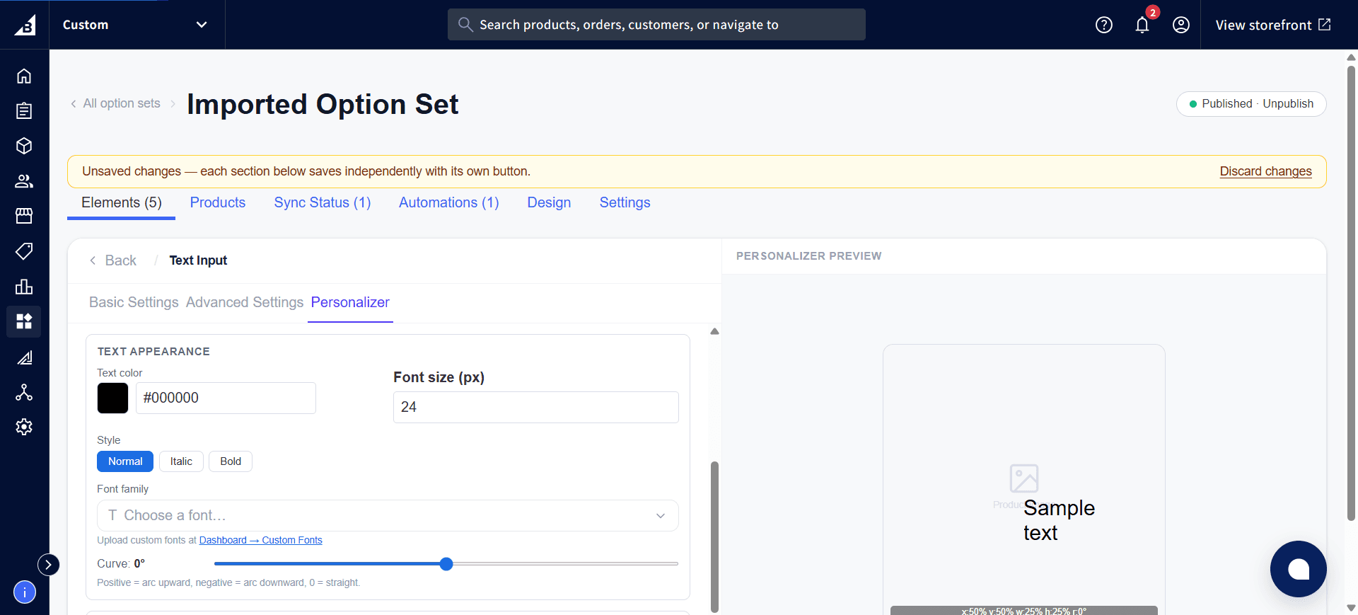 Personalizer Text Appearance settings showing Text color, Font size, Style, and Font family, with a live preview on the right