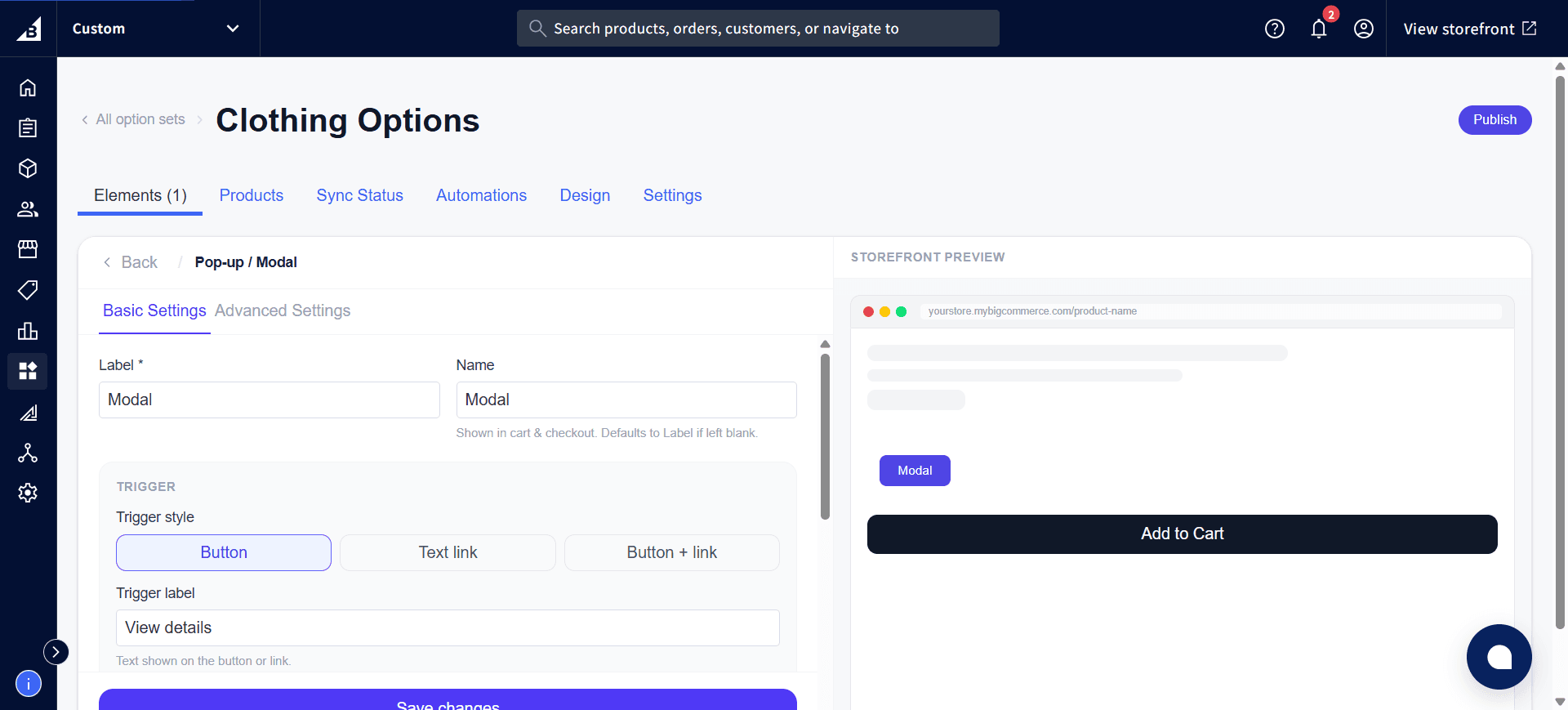 Pop-up / Modal settings showing Label, Name, Trigger style, and Trigger label, with the button trigger in the Storefront Preview
