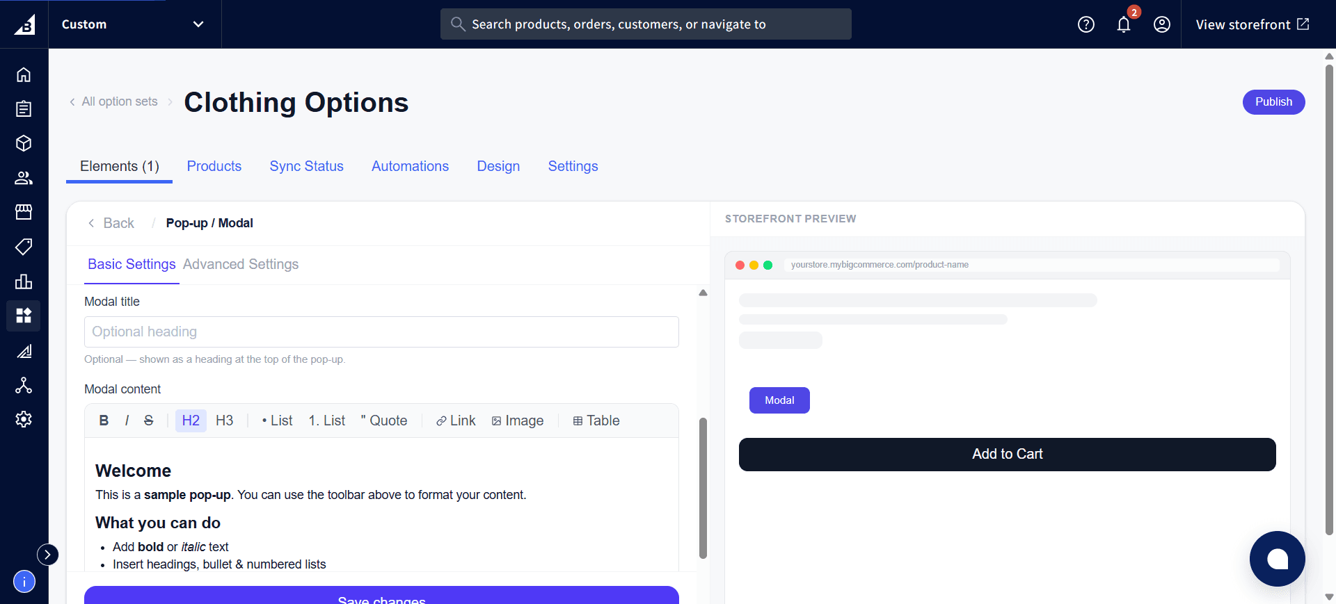 Pop-up / Modal settings showing the Modal title field and the Modal content rich text editor with sample content