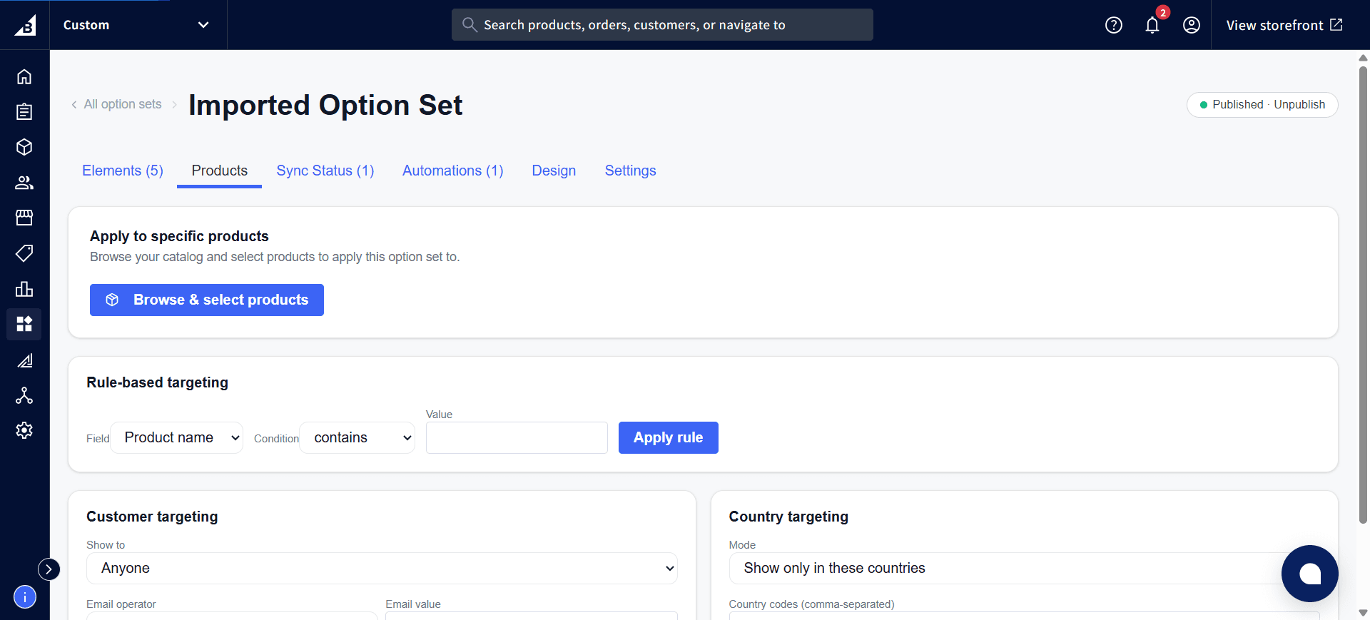 Products tab showing the Apply to specific products section with the Browse & select products button, plus Rule-based, Customer, and Country targeting sections below