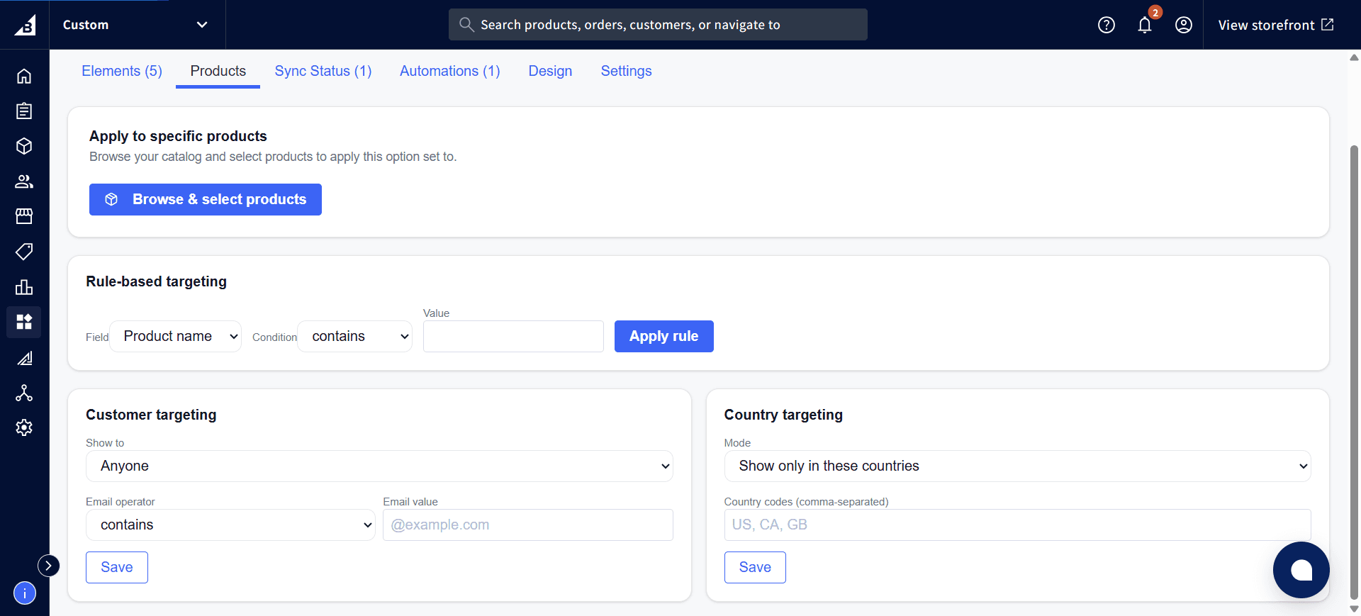 Products tab scrolled to show Rule-based targeting, Customer targeting, and Country targeting with their Save buttons