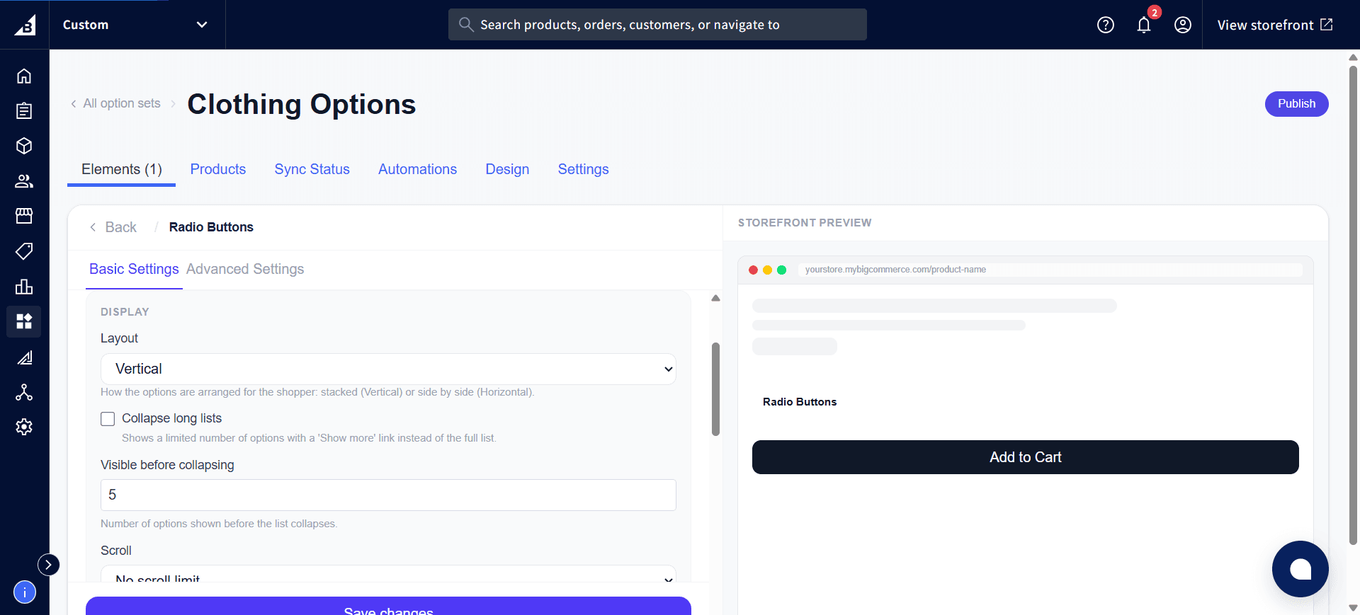 Radio Buttons settings showing Layout, Collapse long lists, Visible before collapsing, and Scroll