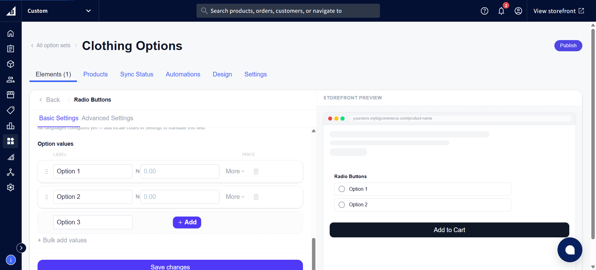 Radio Buttons Option values table with two values and the live Storefront Preview showing the radio buttons