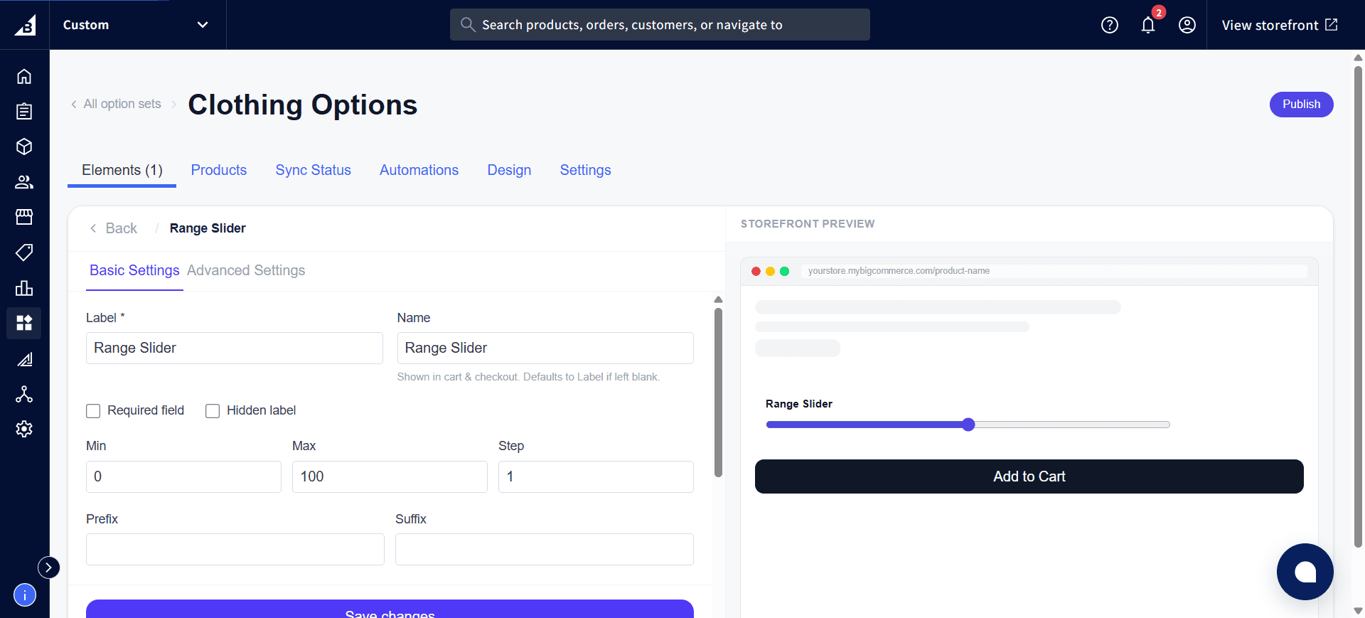 Range Slider settings showing Min, Max, Step, Prefix, and Suffix, with the slider in the Storefront Preview