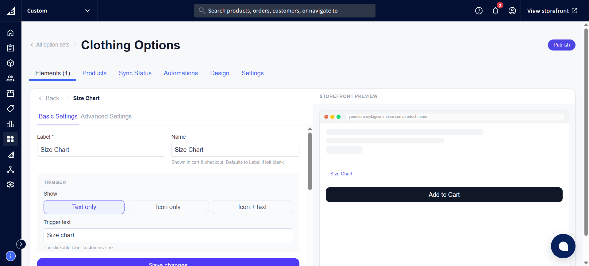 Size Chart settings showing What to show options and the Trigger text field