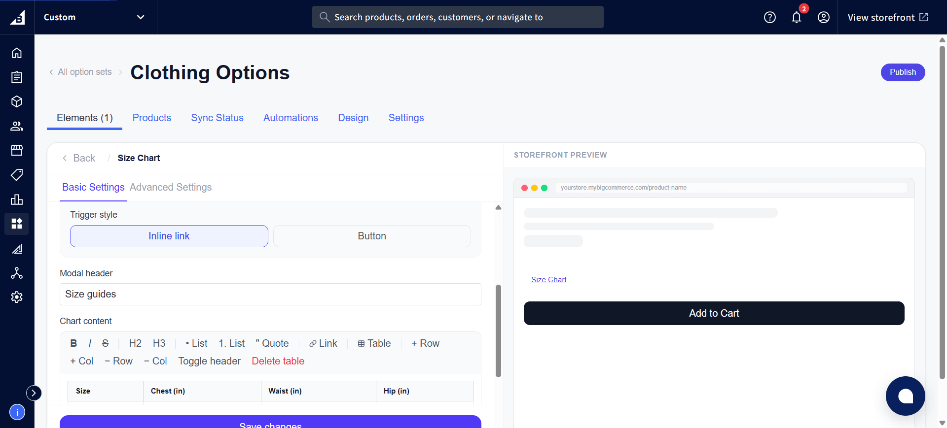 Size Chart settings showing Trigger style, Modal header, and the Chart content toolbar