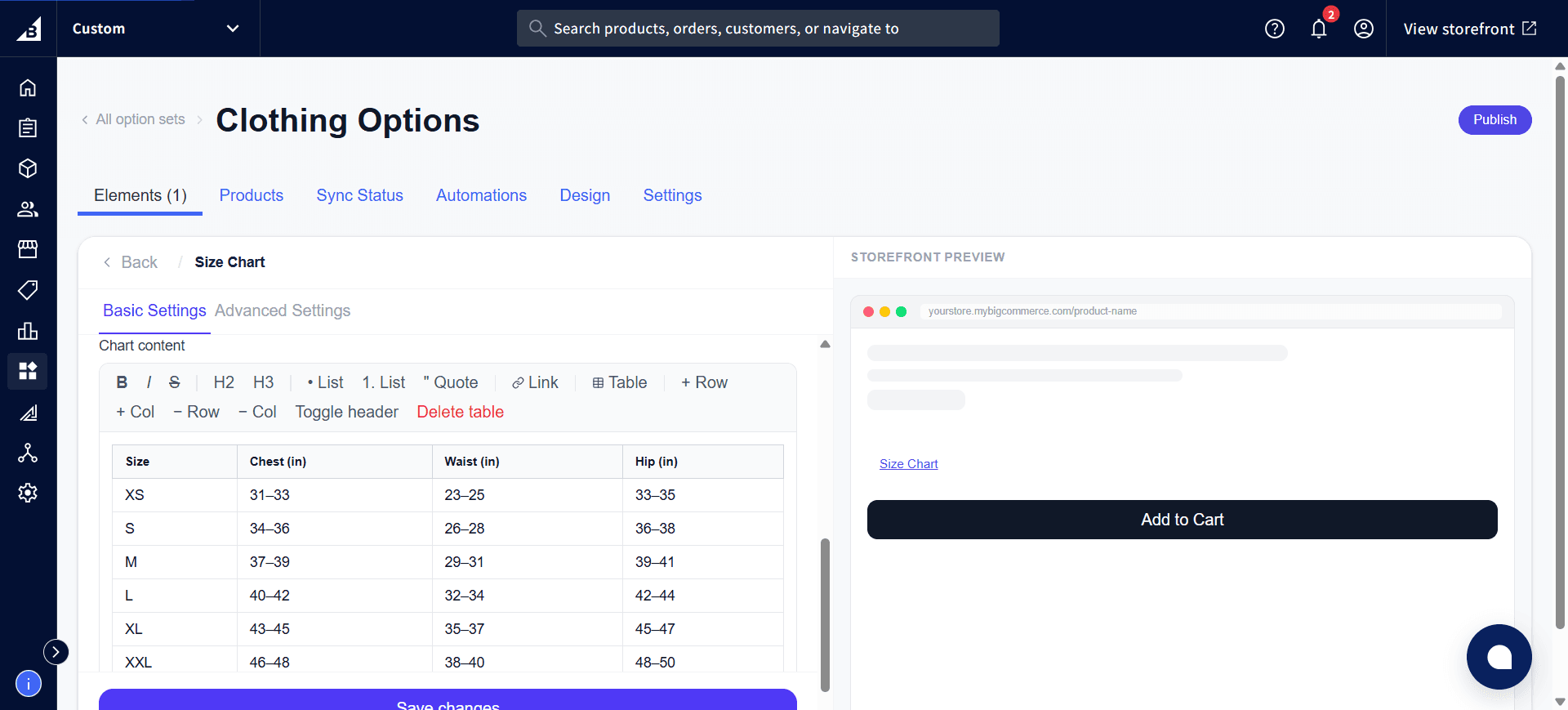 Size Chart content table filled in with actual size rows from XS to XXL