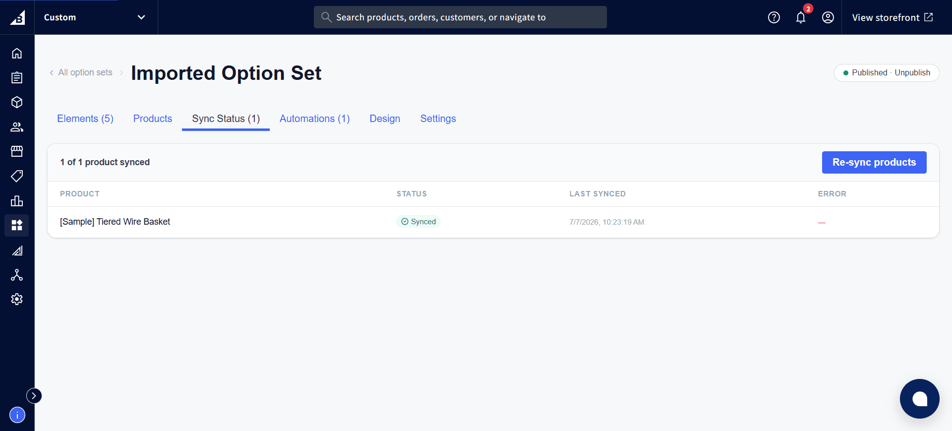 Sync Status tab showing a product with a Synced status, last-synced timestamp, and a Re-sync products button