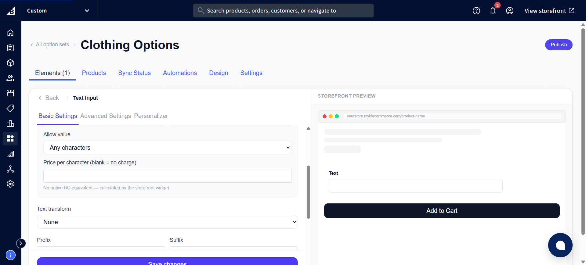 Text Input settings scrolled to show Allow value options, Price per character, and Text transform